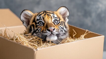 Wall Mural - A playful tiger cub peeks out from a cardboard box filled with straw, showcasing its striking features and innocence.