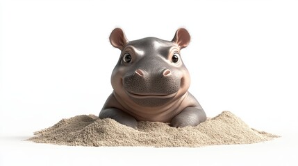 Wall Mural - A cute baby hippo peeks out from a pile of sand, showcasing its playful demeanor and rounded features in a bright, minimalistic setting.