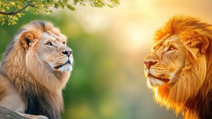 Wall Mural - Two majestic lions face each other, showcasing their magnificent manes against a softly lit natural backdrop.