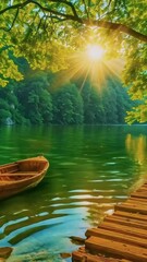 Wall Mural - A serene lake scene featuring a boat docked, illuminated by the warm rays of the shining sun.