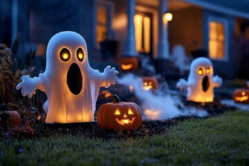 spooky animated decorations in a halloween yard, with ghostly figures moving, glowing eyes in the da
