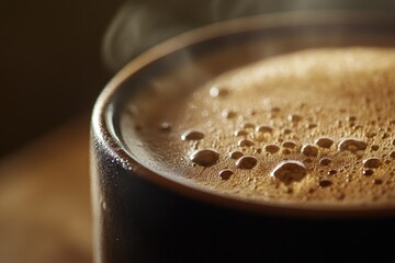 Poster - Close-up of a steaming cup of coffee with frothy surface and bubbles.