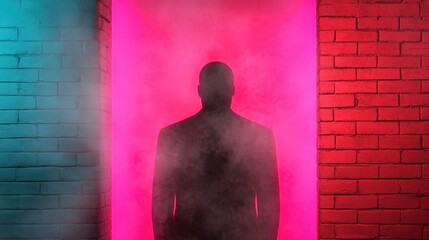 Poster - Mysterious Silhouette in Neon Lit Brick Wall with Smoke