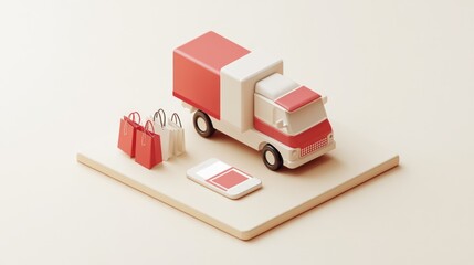 Poster - A stylized delivery truck with shopping bags and a parcel, representing logistics and e-commerce.