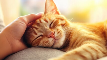 Wall Mural - A cozy orange cat peacefully enjoys a gentle petting while resting on a lap, exuding warmth and comfort in a sunny setting.