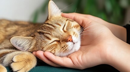 Wall Mural - A hand gently cradles a relaxed tabby cat, showcasing a moment of affection and tranquility between human and pet.