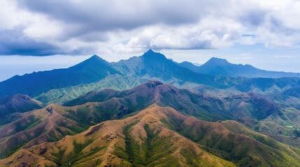 Wall Mural - Aerial drone view of rugged mountains, showcasing the stunning natural terrain and scenic vistas, perfect for travel, tourism, and adventure-themed content. High resolution Illustration, in the style