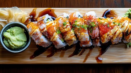 Wall Mural - A beautifully arranged sushi platter with wasabi and pickled ginger.