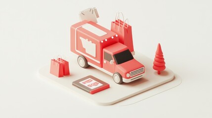 Poster - A stylized delivery truck surrounded by shopping bags and a tree, representing commerce.