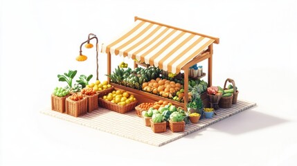 Poster - A vibrant market stall displaying fresh fruits and vegetables under a striped canopy.