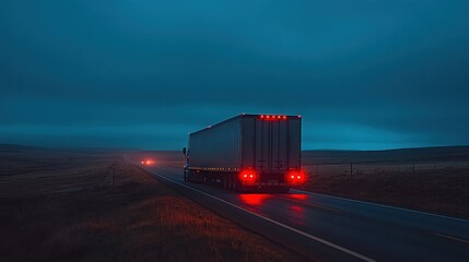 Sticker - A truck driving on a dark, misty road at dusk, illuminated by red tail lights.