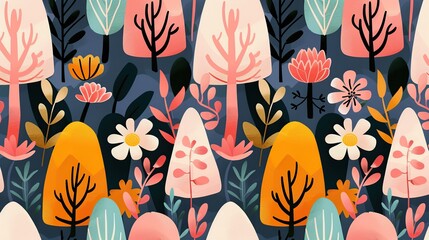 Canvas Print - Geometric background with bright pastel tones and illustrations of trees, flowers, and leaves, perfect for creating eye-catching editorial layouts and promotional graphics. High resolution