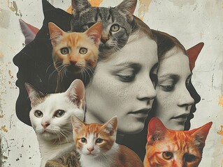 Surreal Collage of a Woman and Cats: A Dreamlike Portrait