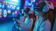 © NOPPHINAN - group of children immersed in virtual reality gaming at a high-tech arcade, showcasing the excitement and fun of futuristic entertainment and technology.