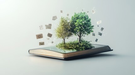 Sticker - A book with trees and floating letters symbolizes knowledge and nature's connection.