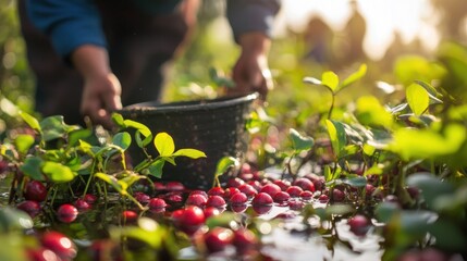 Wall Mural - A person harvesting cranberries in a flooded field, showcasing agricultural practices.