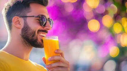 Sticker - A man enjoys a refreshing orange drink while smiling, surrounded by a vibrant, blurred background.