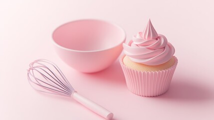 Sticker - A pink-themed baking scene with a cupcake, whisk, and bowl on a pastel background.