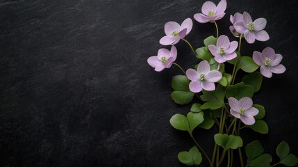 Poster - A cluster of delicate pink flowers with green leaves on a dark surface.