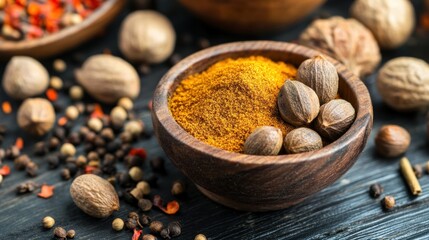 Canvas Print - A wooden bowl filled with spices, surrounded by various nuts and peppercorns.