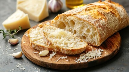 Wall Mural - Freshly baked bread with garlic, cheese, and herbs on a wooden board.