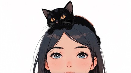 Woman's face with a little black cat resting on her head, cute anime woman and cat illustration.