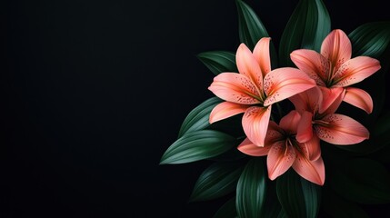 Poster - A vibrant arrangement of pink lilies surrounded by dark green leaves on a black background.