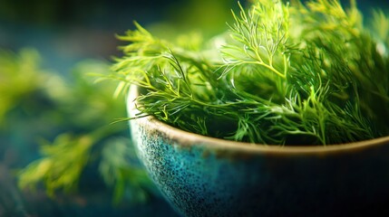 A close-up of fresh dill in a bowl, highlighting its vibrant green color and texture.