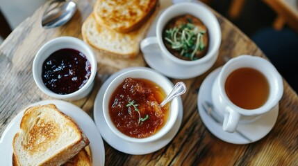 Poster - A cozy breakfast spread featuring toast, jam, and tea on a rustic wooden table.