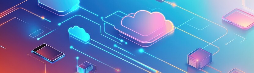 Digital illustration of cloud computing with devices and data flow.