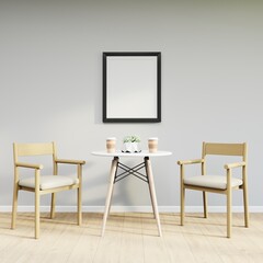 Wall Mural - Mockup frame on table in living room interior on empty white wall background.