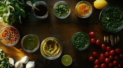 Canvas Print - A variety of sauces and fresh ingredients arranged on a wooden table for culinary use.