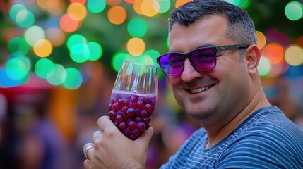 Canvas Print - A man enjoying a colorful drink with grapes at a festive outdoor setting.