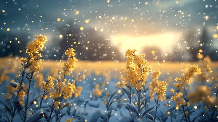 Wall Mural - Yellow wildflowers in a snow-covered field with a sunlit background.