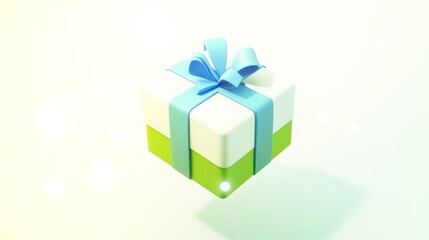 Wall Mural - A 3D-rendered gift box with a blue ribbon and green base, symbolizing celebration and giving.