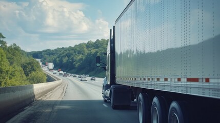 Sticker - A truck driving on a highway with traffic and green hills in the background.