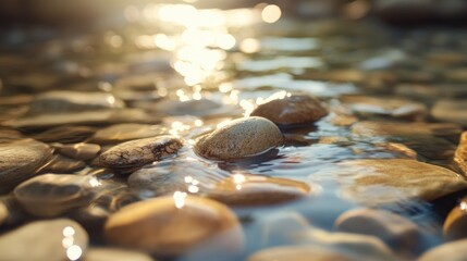 Close-up of water-worn pebbles in a shallow stream, with sunlight creating soft reflections