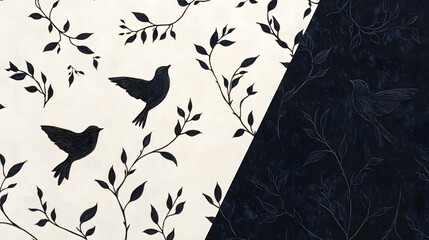 Elegant design featuring silhouettes of birds and branches in black on a cream and dark background, creating a harmonious and stylish pattern.