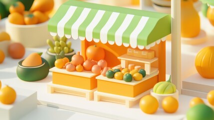 Wall Mural - A colorful fruit market stall showcasing various fruits in a playful, 3D style.