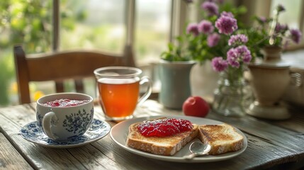 Wall Mural - A cozy breakfast scene featuring toast with jam, tea, and flowers by a window.