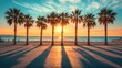 © pinporn manosri - Dramatic long shadows cast by a row of palm trees along a coastal promenade at sunset