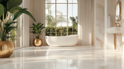 Elegant white marble floor in a luxury bathroom, with natural light and gold accents enhancing the opulence