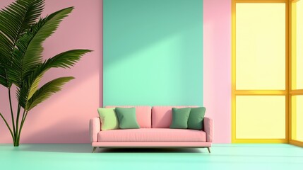 Wall Mural - Pink  Green  and Yellow Modern Living Room Interior Design with Sofa and Palm Tree