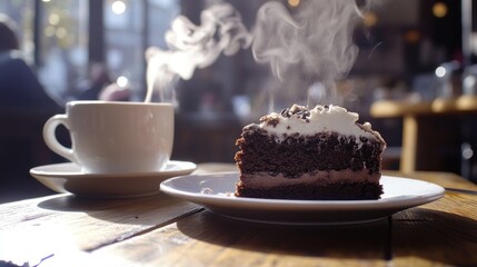 Wall Mural - A steaming cup of coffee beside a slice of chocolate cake on a wooden table.