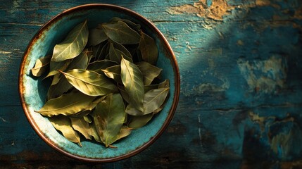 Wall Mural - A bowl filled with dried bay leaves resting on a textured surface.