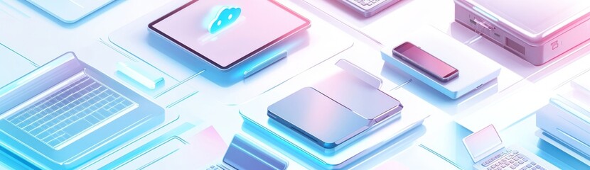 A digital illustration featuring various electronic devices in a modern, abstract design.