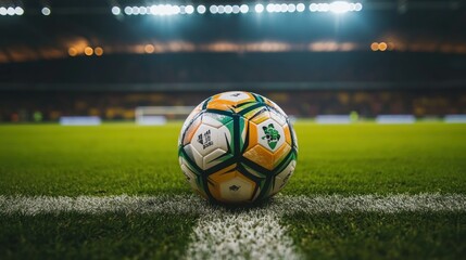 Poster - A close-up of a soccer ball on the field, highlighting the vibrant colors and stadium lights.