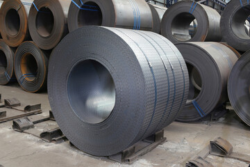 Cold rolled steel coil at storage area. Steel industry plant.