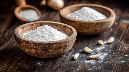 Two wooden bowls filled with flour and garlic cloves on a rustic wooden surface.