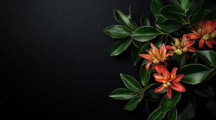 Poster - A close-up of vibrant orange flowers and green leaves against a dark background.